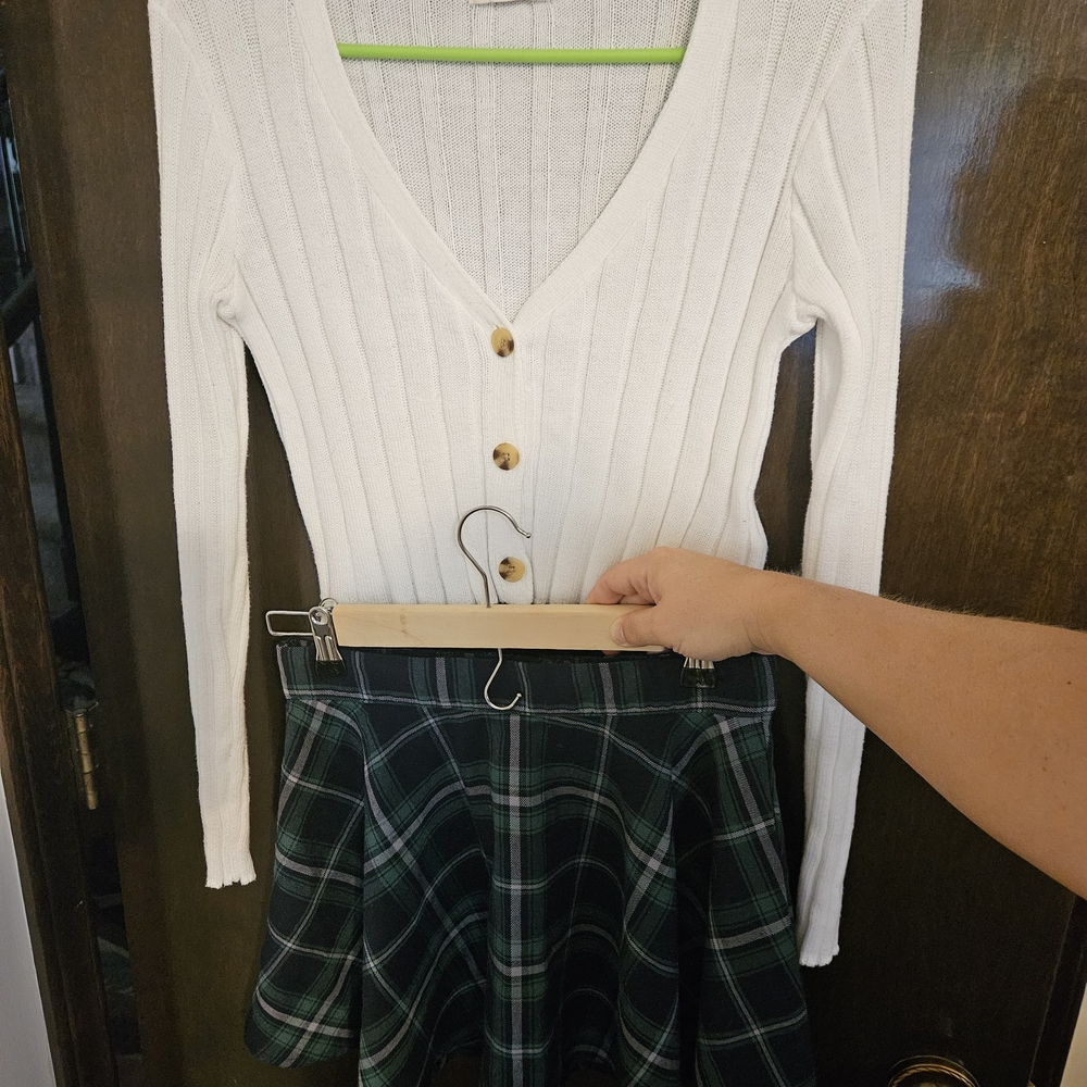 White Ribbed Cardigan and Green Plaid Skirt Set